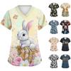 Women's Cute Bow Printed Work Clothes V-neck Double Layer Pockets Basic Short Sleeve Top Pullover