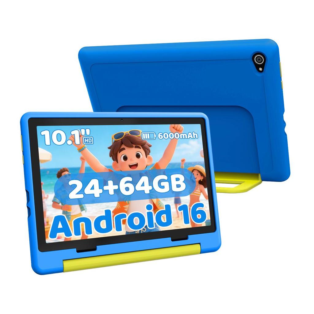 Android 16 Kindertablett, 10,1 Zoll, 24 GB RAM + 64 GB ROM, Schutzhülle mit Ständer