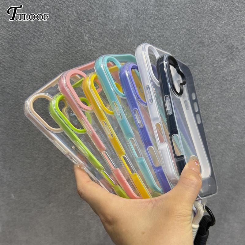 2in1 Clear With Wrist Strap lanyard Phone Case For iPhone 11 12 13 14 15 16 Pro Max Plus Shockproof Bumber Soft TPU Cover