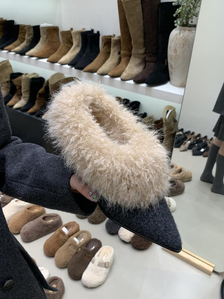French thick heel pointed brown small leather shoes plush warm fluffy shoes autumn and winter temperament gray high heels