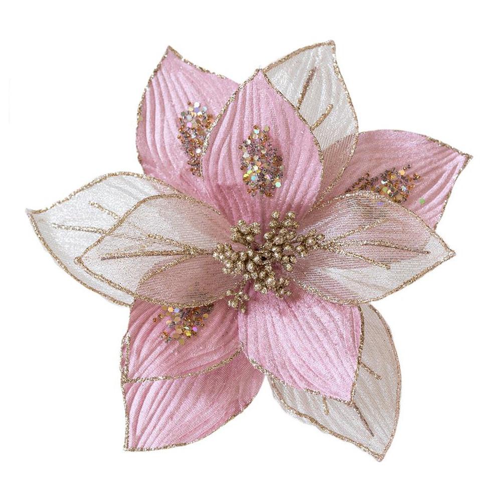 

Christmas Flowers Decorations 25cm Vibrant Cloth Glitter Sequins Flowers For Christmas Tree Decorative Pendants Fake Flower розовый