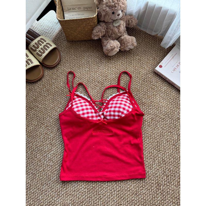 Kumikumi Pure Desire Style Design Sense Fake Two Pieces All-Match Cami Women Summer Letters Print Sexy Top