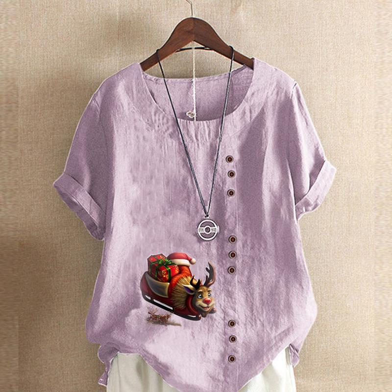 Damenmode Rundhals Kurzarm T-Shirt Lässig Baumwolle Leinen Grafikshirt Freizeit Locker Rentier Bedruckt Sommer Bluse Tops