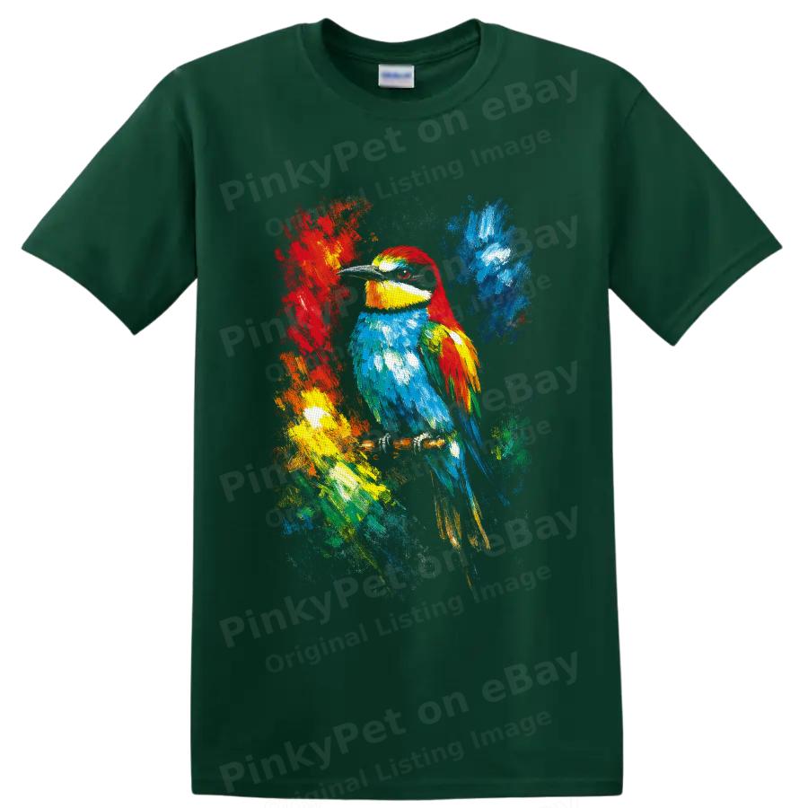Colorful Bird Paint Splash Art T Shirt W/ Tropical Wildlife Portrait Graphic Tee