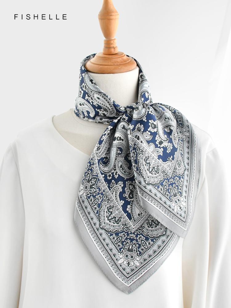 Grey Blue Paisley 100% Natural Silk  Scarf Wrap Kerchief Hijab Shawl Luxury Women Men Gift Headband Satin 65cm Neckerchief