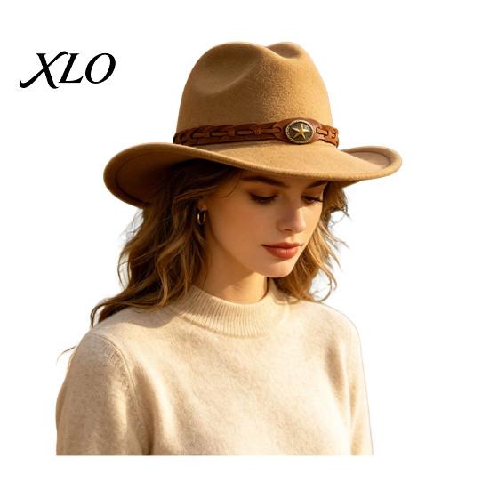 Autumn Winter Warm Fedora Unisex Western Cowboy Hat, Wool Felt Hat with Faux Leather Elegant for Daily Use Band, Retro Wide Brim Cowgirl Men