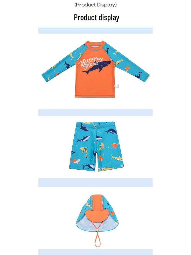 Korean Style Boys' Cartoon Shark 3-Piece Swimsuit Set: Long Sleeve, Shorts, Sunscreen, Breathable