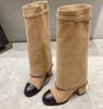Fashion Brand New Round Toe Thick Heel Chain Belt Buckle Skirt Boots Women's Autumn Winter Fashion Runway Mixed Color Long Shoes Size 43
