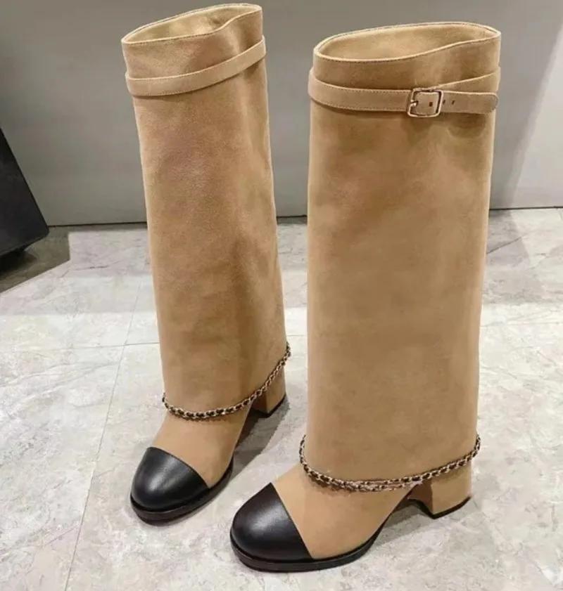 Fashion Brand New Round Toe Thick Heel Chain Belt Buckle Skirt Boots Women's Autumn Winter Fashion Runway Mixed Color Long Shoes Size 43