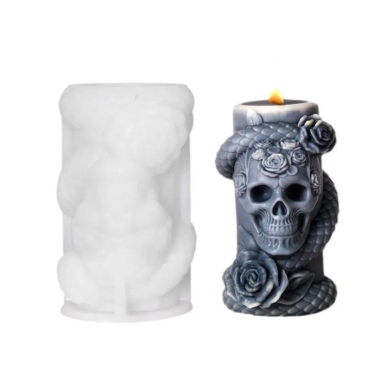 Skull Head Cylinder Candle Silicone Mold Flower Relief Cylinder Resin Gypsum Mould Snake Head Cylinder Molds Halloween Gift