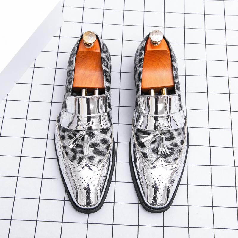 Fashion Golden Block Color Blocked Leopard Print Glossy Finish Leather Casual Slip on Non-slip Men Fashion Party Dance Stage Loafer Shoe