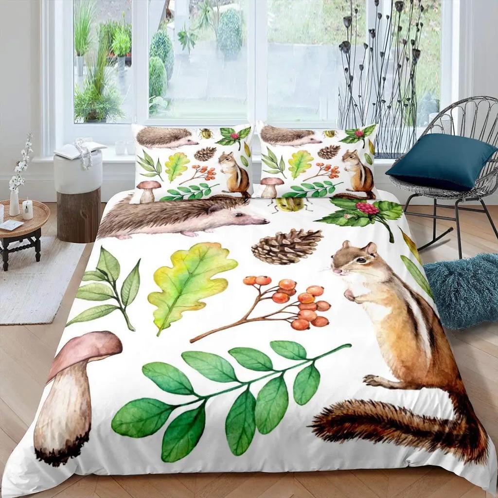 Bettbezug Tiere Cartoon Eichhörnchen Frühlingswiese Wald Fauna Schlafzimmer Dekorativ für Kinder Jungen Mädchen Geschenk Queen Size