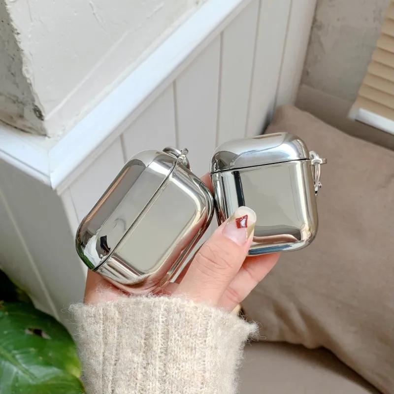 Suitable For Apple AirPods 1 2 3 4 Pro 3 2 Earphone Cover Protective Case Electroplated Mirror Simplicity Silver Case With Hook