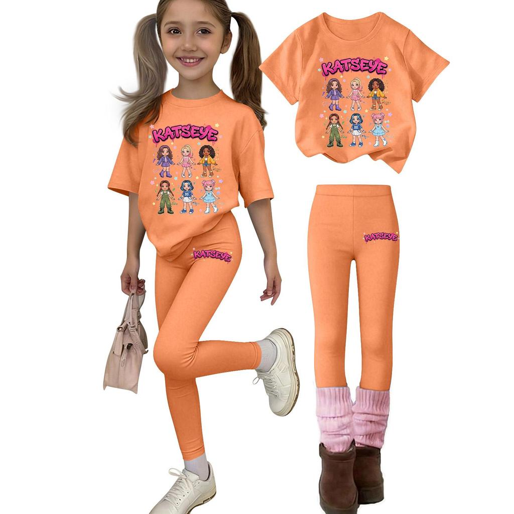 Kids Girls Printed T-Shirt and Pants Set, Casual Loose Fit, Round Neck, 2-Piece Outfit