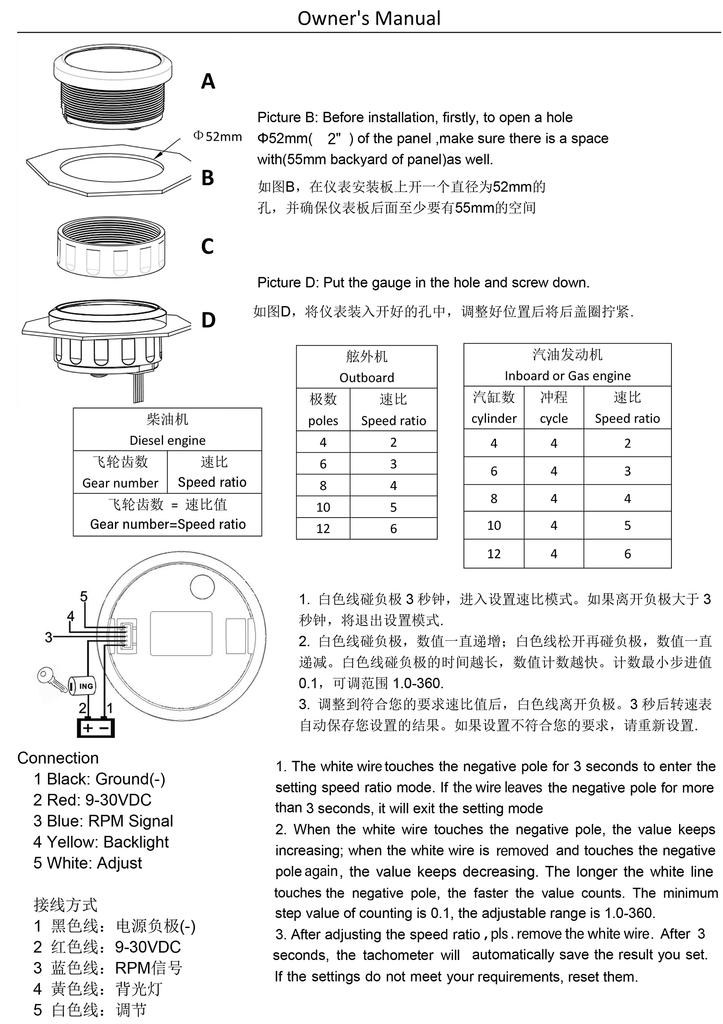 ELING 52mm Dieselmotor 4000RPM Varvräknare med Timräknare 24V Röd Bakgrundsbelysning för Lastbil Husbil