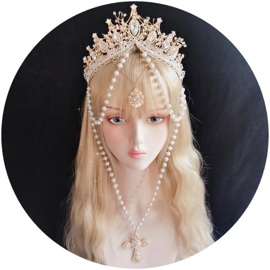 Sun Goddess Gold Spiked KC Halo Virgin Mary Cross Crown Headpiece Virgin Mary Gothic Lolita Bead Chain Hair Accessories