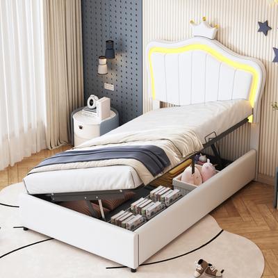 Children's Bed 90x200 Cm, Crown Design, LED Lighting, Hydraulic Storage, Height-Adjustable Headboard, High Box Slatted Frame, Faux Leather, White