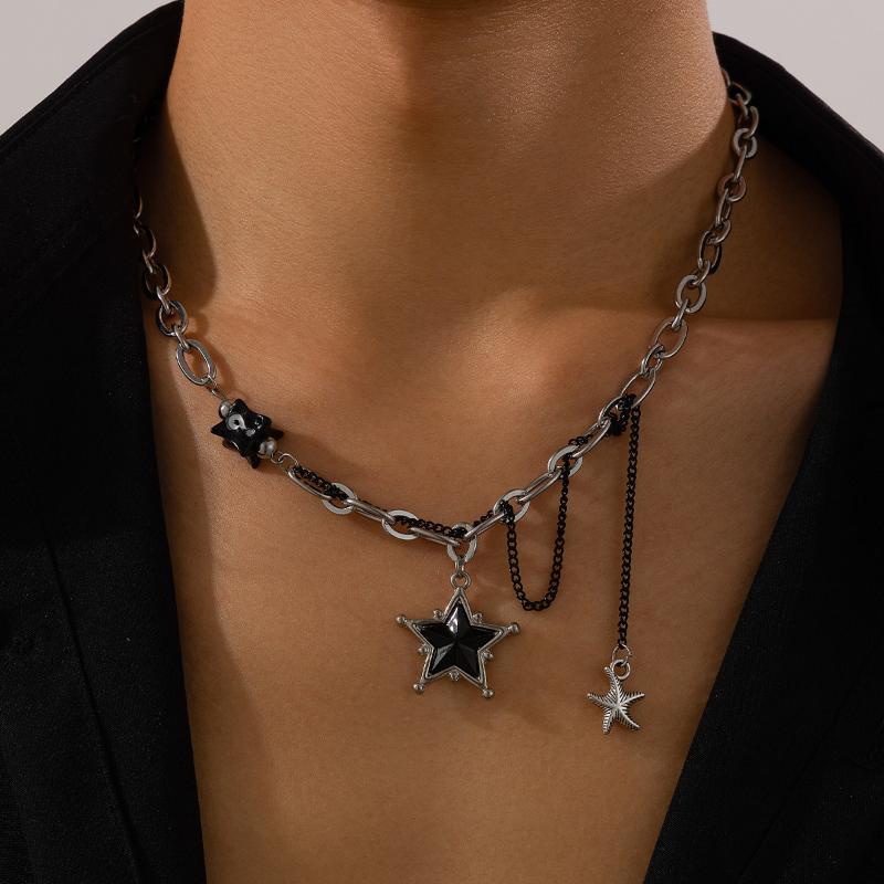 Korean Fashion Black Star Pentagram Pendant Titanium Steel Chain Choker Necklace For Women Men Punk Rock Y2K Jewelry Accessories