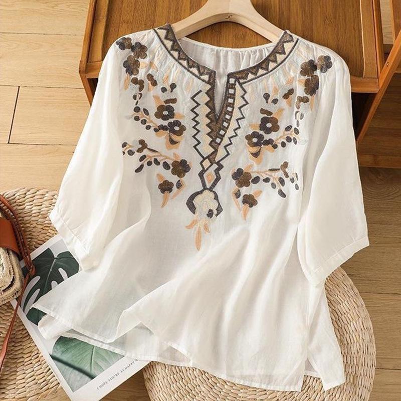 Women's Artistic Embroidered V-Neck Cotton Linen Top - Casual, Loose Fit, Slimming Short Sleeve