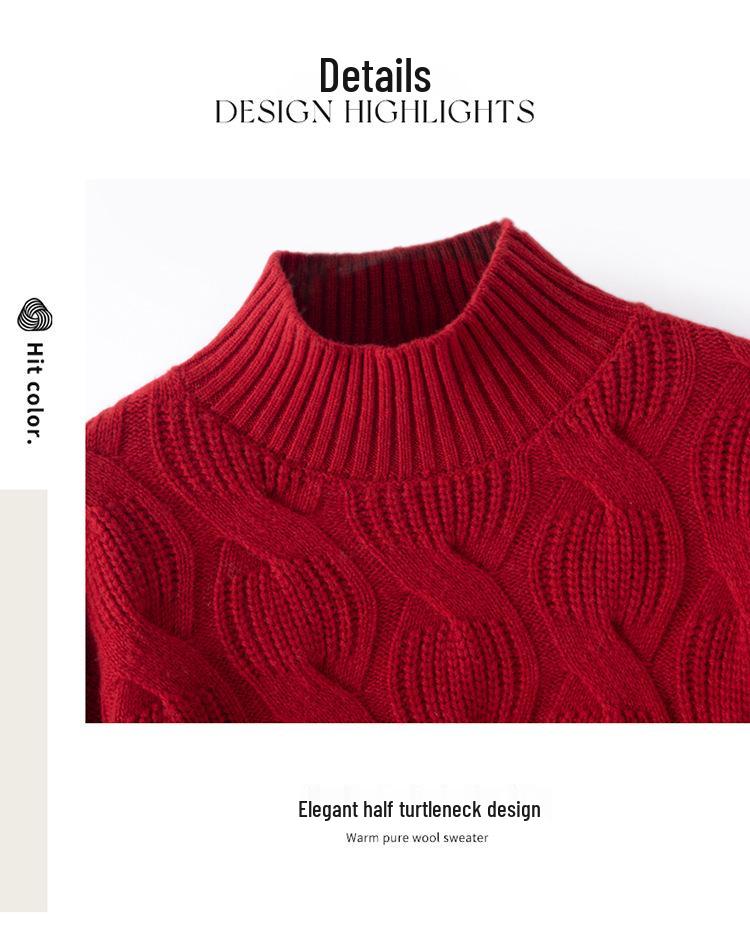 Women's Red 100% Pure Wool Lantern Sleeve Sweater with Half-High Collar and Twist Pattern - Loose Knit Pullover