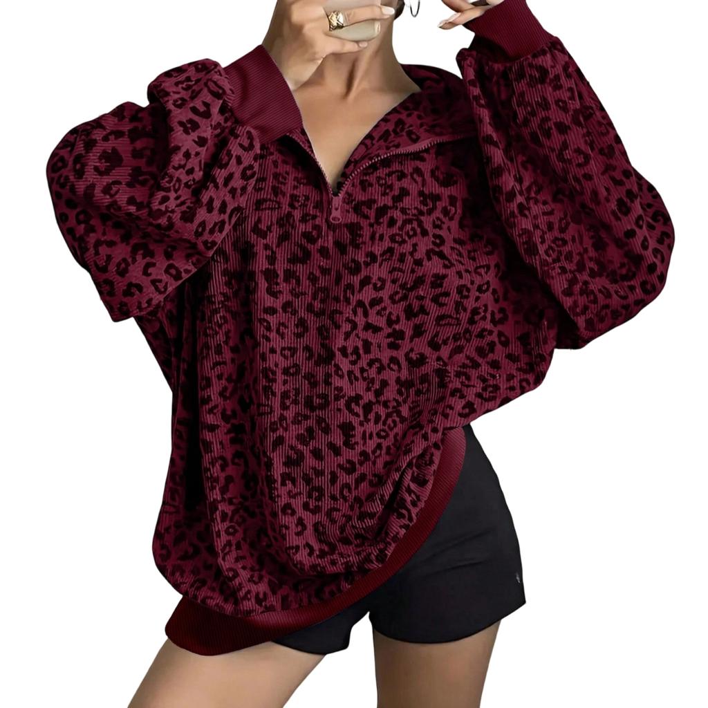 Damen Kapuzenpullover mit Kragen im Leopardenmuster, lockere Passform
