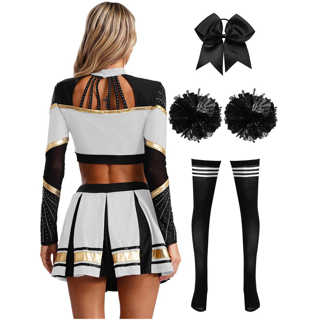 Damen Cheerleading Performance Tanz Outfit Langarm Stehkragen Strass Crop Top Faltenrock Haargummi Set