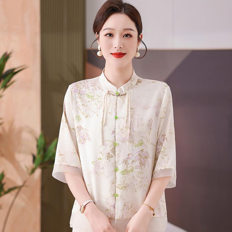 

Mom s New 2026 Summer Chinese-Style Shirt for Middle-Aged & Elderly Women - Short-Sleeved Grandma Top 5XL (Recommended 75-82.5kg) світло-фіолетового кольору