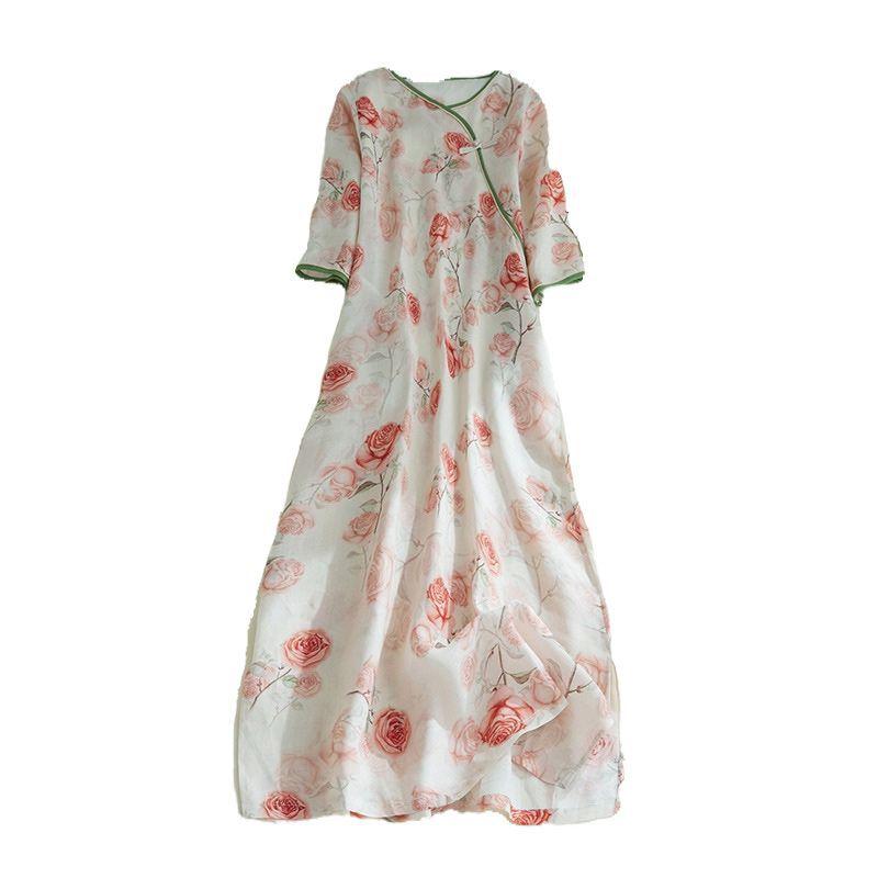 New women's Chinese style buckle cheongsam dress printed cotton dress in summer