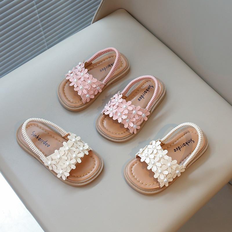Roman Style Flower Decor Beach Sandals, Soft Sole Open Toe Trendy Shoes for Girls