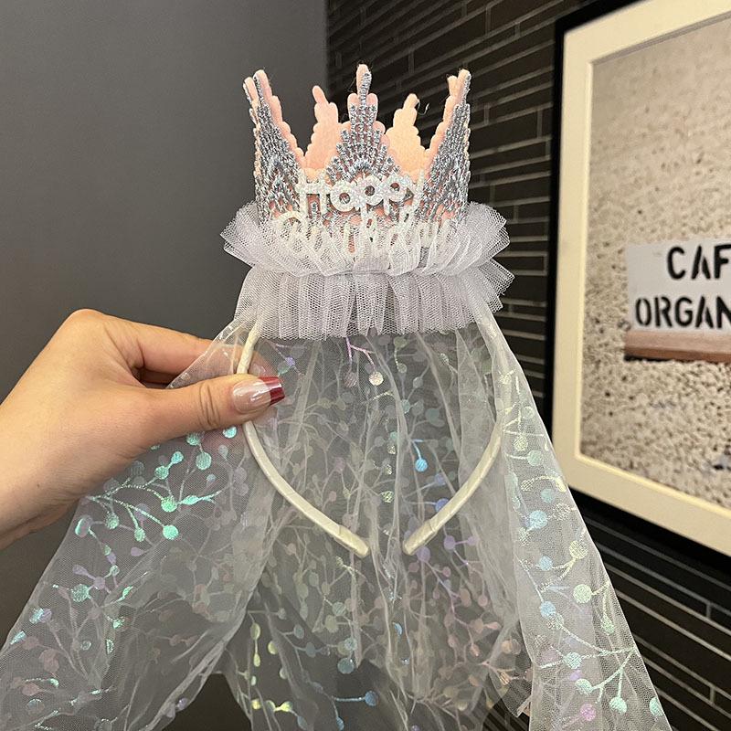 Voal cu Fundă din Dantelă Vintage, Diademă cu Strasuri, Bentiță pentru Fete