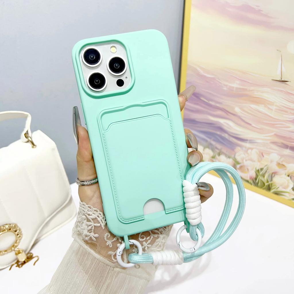 Luxury Liquid Soft Silicone Phone Case for iPhone 16 15 14 13 12 11 Pro Max Wallet Card Holder Lanyard Shockproof Cover