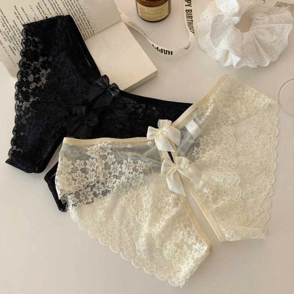 Hollow Bow Mesh Lace Panties Floral Lace Underpants See-through Thong Underwear for Women  Hotel