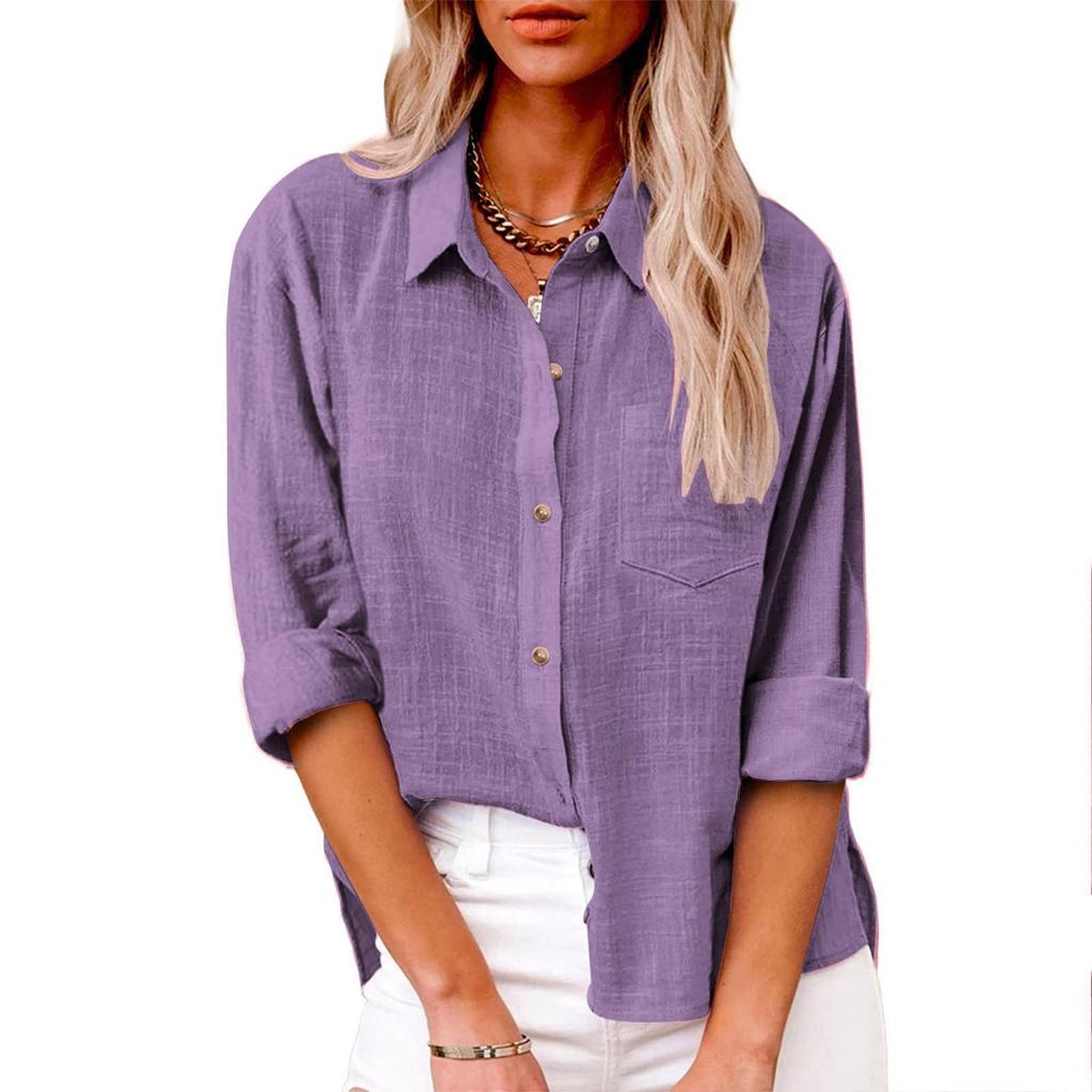 Autumn 2025 Women's Loose Fit Button-Up Cotton Linen Long Sleeve Top with Plain Color and Lapel