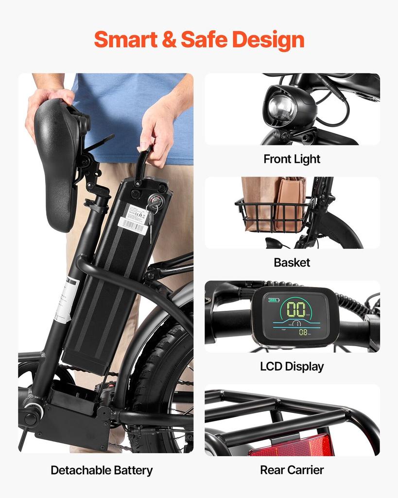 Electric Bike, 250W Folding Electric Bicycle for Adults with 25Ah Large Removable Battery, 36V 25 Km/h Brushless Motor, Up To 70 Km Max Range,