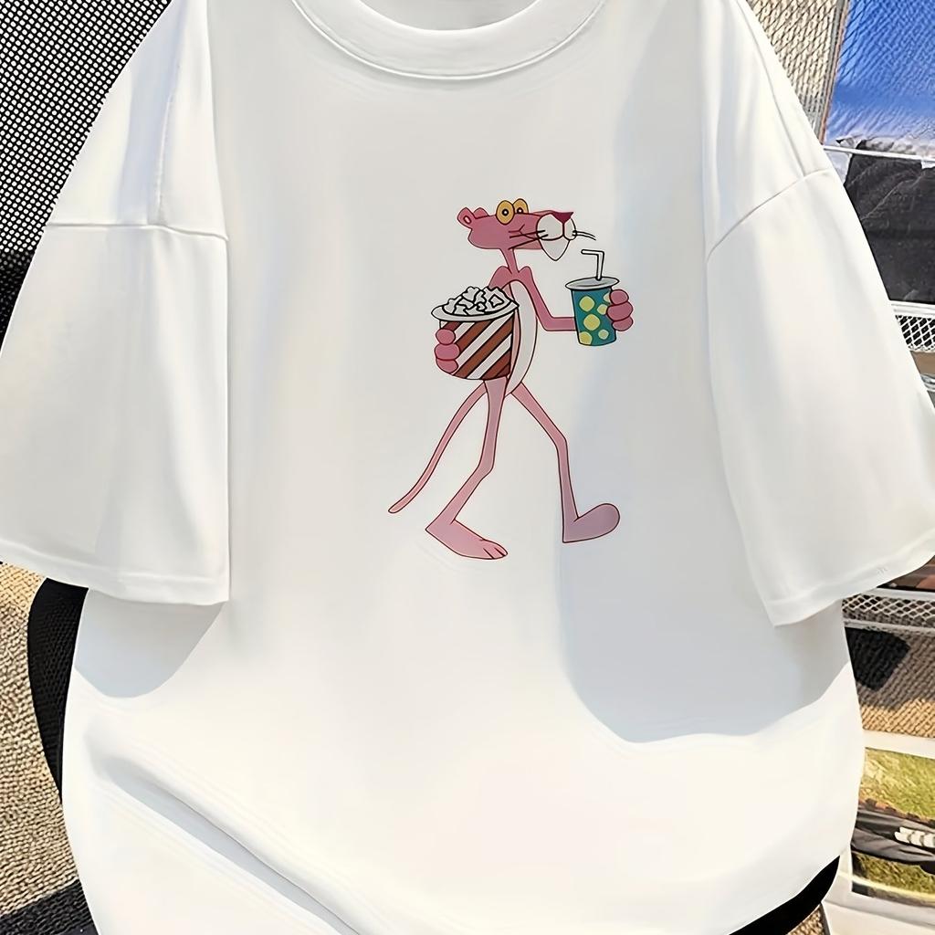 Sommar Ny Rosa Pantern T-shirt Y2K Mode Lös Casual Mångsidig Kortärmad Toppar Söt Rosa Pantern Kortärmad Toppar