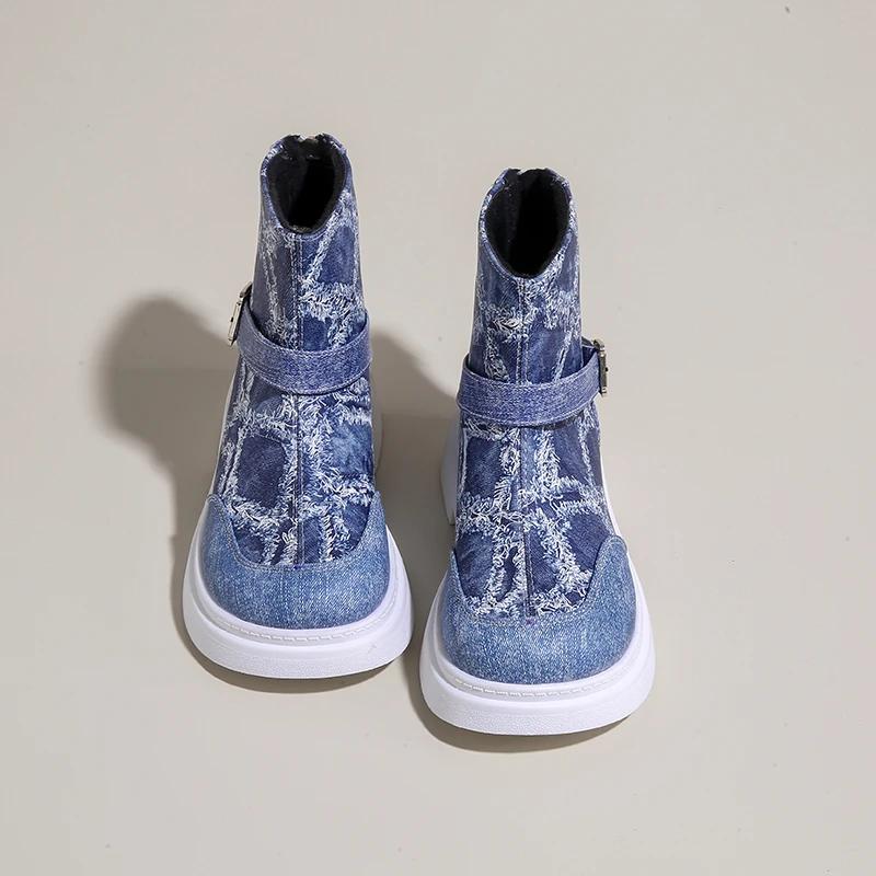 Fashion Cowboy Canvas Ankle Women Flats Boots Belt Buckle Checkered Fashion Designer Winter New 2025 Trend Women Shoes Cozy Casual Botas