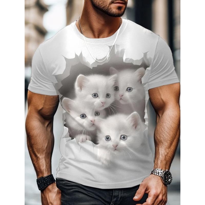 Summer Round Neck 3D Cat Print Top Fashionable Casual Short Sleeved Men's T-shirts