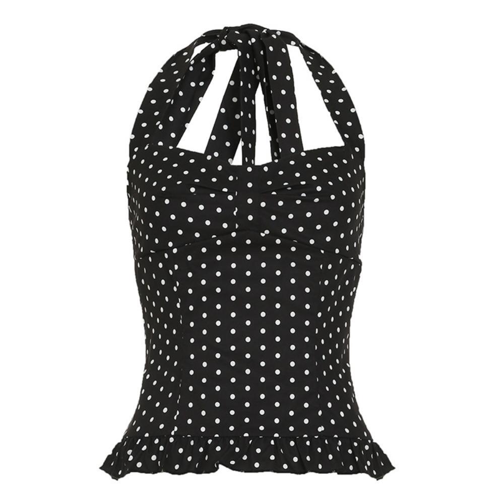 Sleeveless Lace-up Dots Camisole Deep V Neck Hanging Neck Top Halter Ruffle Vest Summer
