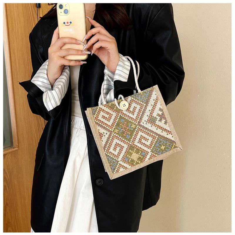 Sac en toile de style ethnique pour femme, mode été, pour emporter une boîte à lunch en lin, sac à bento, sac à main pour maman