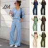 Damen Lounge Sets Sweatshirt Hose 2-teiliges Set, V-Ausschnitt Langarm Oberteil & Weite Hose mit Elastischem Bund, einfarbig Passendes Set Sportanzüge