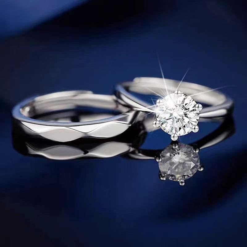 Sterling Silver Plated Water Cube Diamond Six-Claw Open Rings for Couples