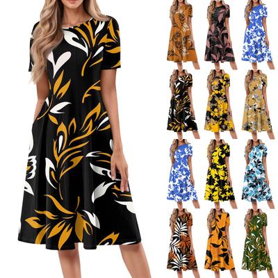 Women's Casual Fashion Round Neck Short Sleeve Floral Printed Midi Dresses