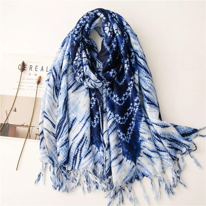 New Ethnic-Style Tie-Dye Colorized Blue-And-White Cotton And Linen Scarf Travelling Shawls For Women