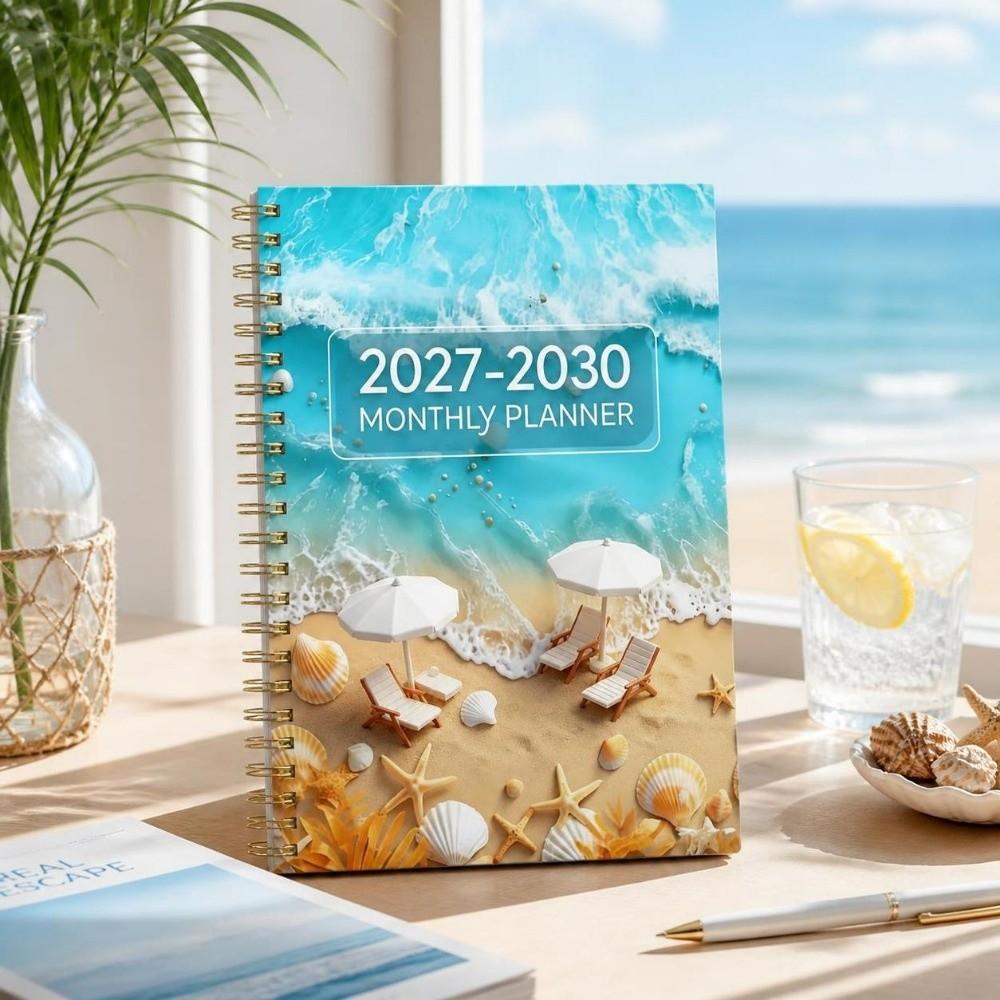 Beach Theme Cover 1117-1111 Monthly Calendar A1 Ocean Seashell Covered Annual Calendar Notebook Spiral Bound 1-Year Plan Book