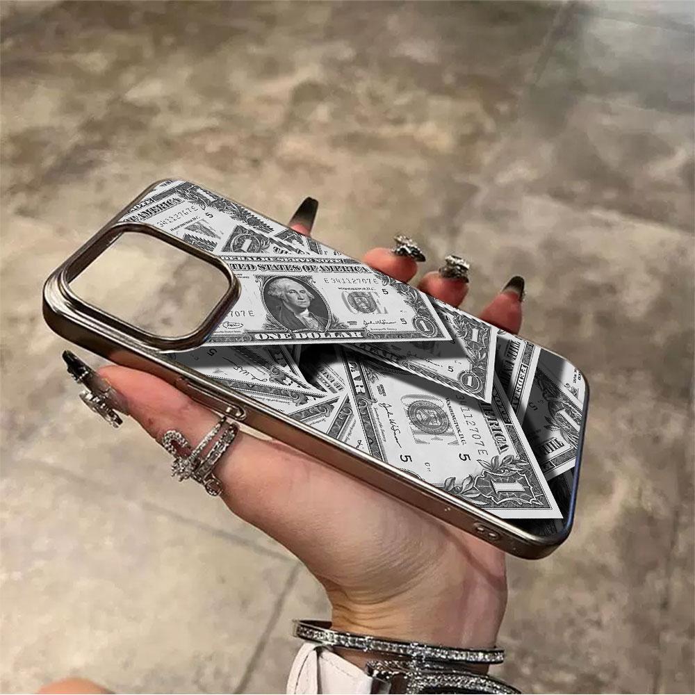 Money Pattern Electroplated Frame Clear Phone Case For iPhone 17 Pro Max 16 15 14 13 12 11 Pro 16 Plus 17 Air Shockproof Cover