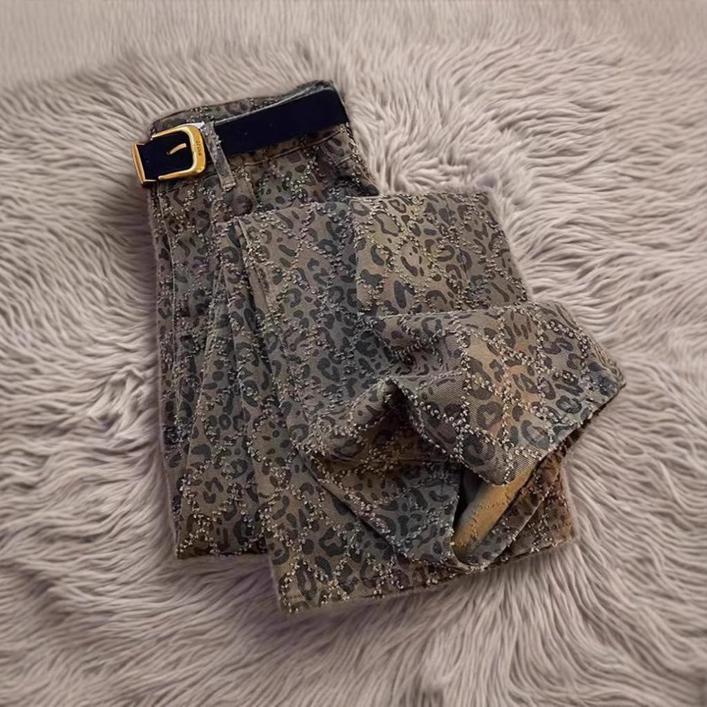 Blugi Slim cu Talie Înaltă cu Imprimeu Leopard pentru Streetwear de Damă Primăvara și Toamna 2025 Pantaloni Drepți Casual Vintage