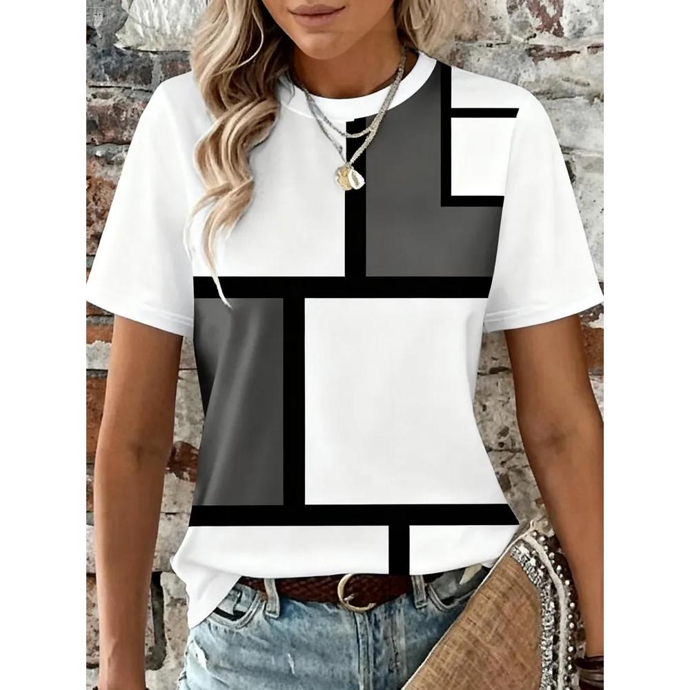 Fashion Versatile Striped Printed Top Casual Loose Short Sleeves Comfortable Breathable T-Shirts Women’s