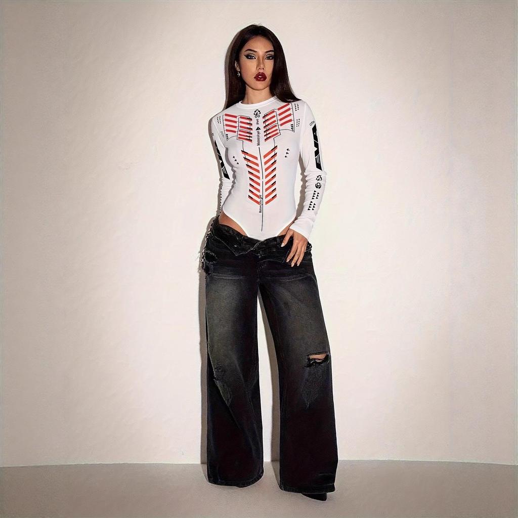 Spicy Style Women's Slimming Summer Motorcycle Jumpsuit - Print Long Sleeve, Half-High Collar Streetwear