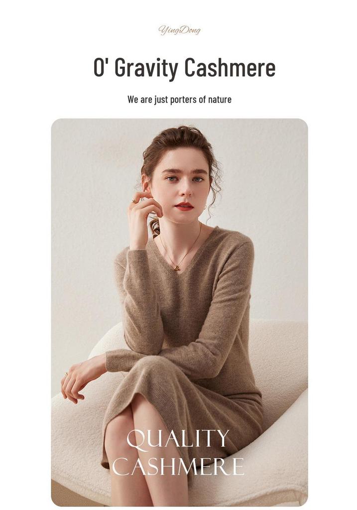 V-neck Cashmere Over-the-Knee Slimming Dress - Long-Sleeved, Loose Fit, 2023 Autumn/Winter Collection