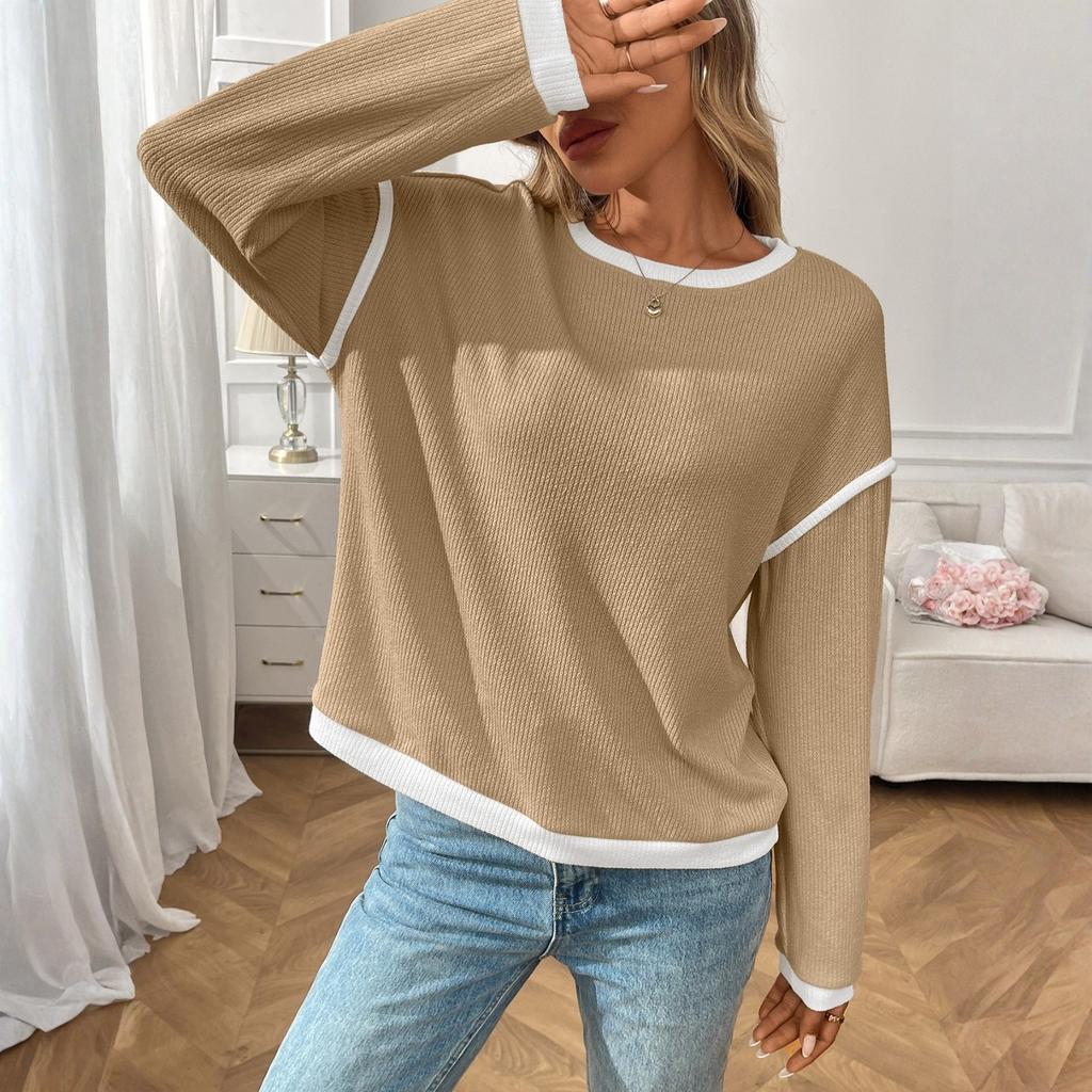 Women's Fashion Round Neck Imitation Sweater Long Sleeve Colour Block Loose Top